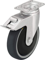 Blickle - 5" Diam x 1-1/4" Wide x 6-1/8" OAH Top Plate Mount Swivel Caster with Brake - Thermoplastic Polyurethane, 400 Lb Capacity, Ball Bearing, 3-5/8 x 2-1/2" Plate - Exact Tool & Supply