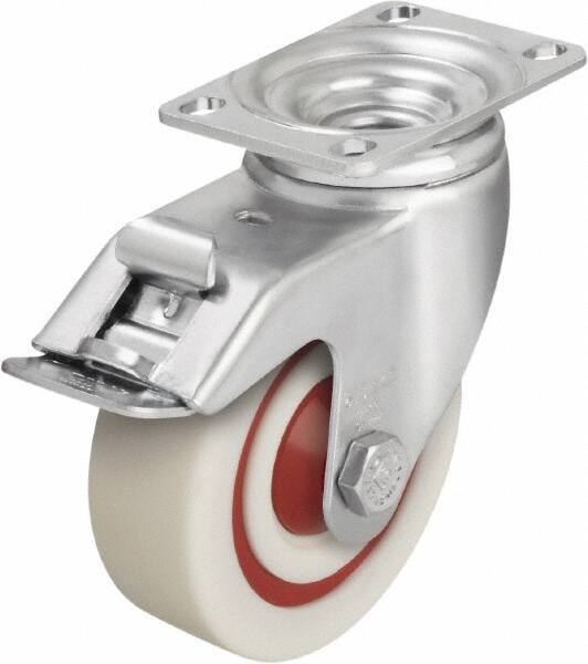 Blickle - 4" Diam x 1-3/8" Wide x 5-1/8" OAH Top Plate Mount Swivel Caster with Brake - Impact-Resistant Nylon, 400 Lb Capacity, Ball Bearing, 3-5/8 x 2-1/2" Plate - Exact Tool & Supply