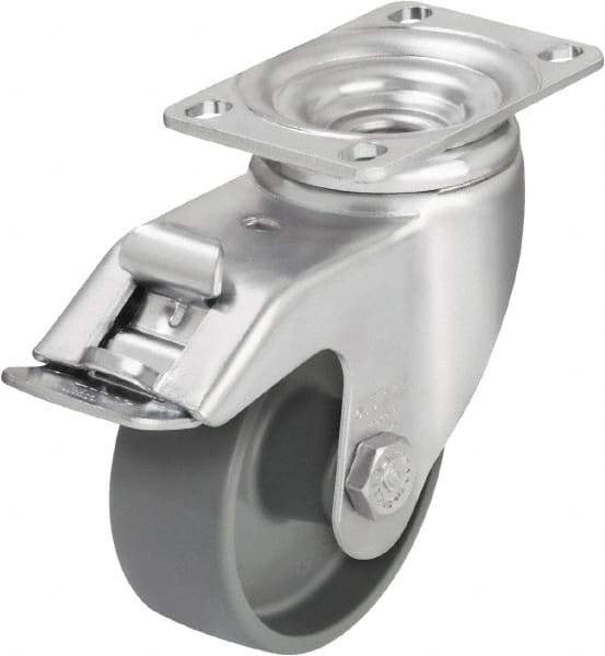 Blickle - 3-1/2" Diam x 1-1/4" Wide x 4-11/16" OAH Top Plate Mount Swivel Caster with Brake - Impact-Resistant Nylon, 400 Lb Capacity, Plain Bore Bearing, 3-5/8 x 2-1/2" Plate - Exact Tool & Supply
