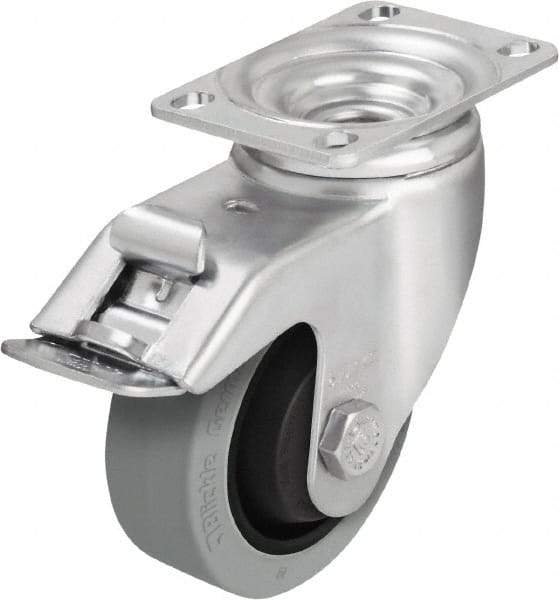 Blickle - 4" Diam x 1-3/8" Wide x 5-1/8" OAH Top Plate Mount Swivel Caster with Brake - Solid Rubber, 400 Lb Capacity, Ball Bearing, 3-5/8 x 2-1/2" Plate - Exact Tool & Supply
