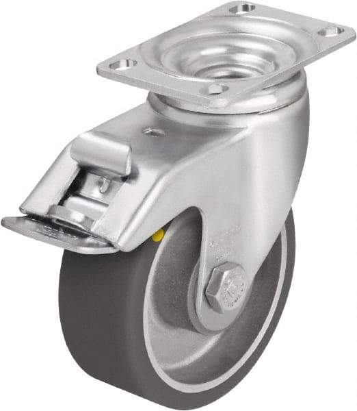 Blickle - 4" Diam x 1-9/16" Wide x 5-1/8" OAH Top Plate Mount Swivel Caster with Brake - Polyurethane-Elastomer Blickle Softhane, 400 Lb Capacity, Ball Bearing, 3-5/8 x 2-1/2" Plate - Exact Tool & Supply