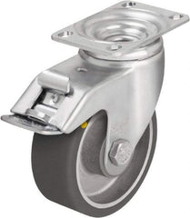 Blickle - 4" Diam x 1-9/16" Wide x 5-1/8" OAH Top Plate Mount Swivel Caster with Brake - Polyurethane-Elastomer Blickle Softhane, 400 Lb Capacity, Ball Bearing, 3-5/8 x 2-1/2" Plate - Exact Tool & Supply