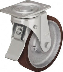 Blickle - 5" Diam x 1-31/32" Wide x 6-1/2" OAH Top Plate Mount Swivel Caster with Brake - Polyurethane-Elastomer Blickle Softhane, 1,100 Lb Capacity, Ball Bearing, 5-1/2 x 4-3/8" Plate - Exact Tool & Supply