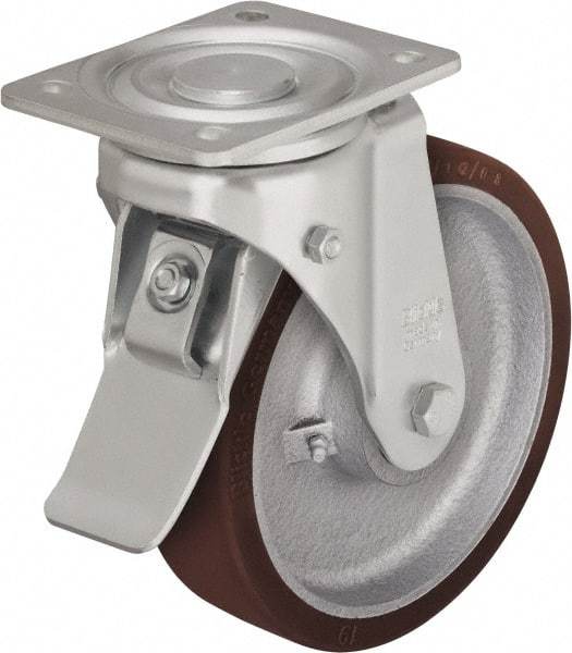 Blickle - 10" Diam x 2-23/64" Wide x 11-39/64" OAH Top Plate Mount Swivel Caster with Brake - Polyurethane-Elastomer Blickle Besthane, 1,980 Lb Capacity, Ball Bearing, 5-1/2 x 4-3/8" Plate - Exact Tool & Supply