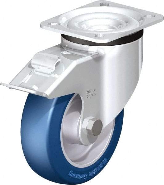 Blickle - 5" Diam x 1-37/64" Wide x 6-7/64" OAH Top Plate Mount Swivel Caster with Brake - Polyurethane-Elastomer Blickle Besthane, 770 Lb Capacity, Ball Bearing, 3-15/16 x 3-3/8" Plate - Exact Tool & Supply