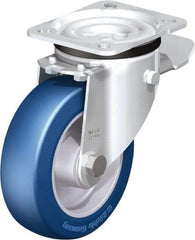 Blickle - 5" Diam x 1-37/64" Wide x 6-7/64" OAH Top Plate Mount Swivel Caster with Brake - Polyurethane-Elastomer Blickle Besthane, 770 Lb Capacity, Ball Bearing, 3-15/16 x 3-3/8" Plate - Exact Tool & Supply