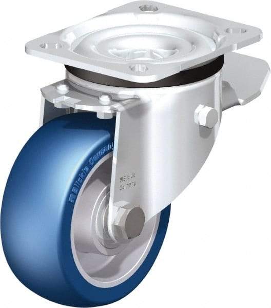 Blickle - 4" Diam x 1-37/64" Wide x 5-7/64" OAH Top Plate Mount Swivel Caster with Brake - Polyurethane-Elastomer Blickle Besthane, 660 Lb Capacity, Ball Bearing, 3-15/16 x 3-3/8" Plate - Exact Tool & Supply