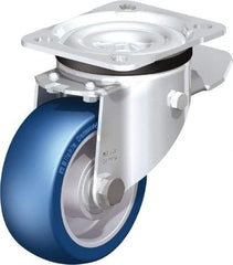 Blickle - 4" Diam x 1-37/64" Wide x 5-7/64" OAH Top Plate Mount Swivel Caster with Brake - Polyurethane-Elastomer Blickle Besthane, 660 Lb Capacity, Ball Bearing, 3-15/16 x 3-3/8" Plate - Exact Tool & Supply