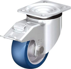 Blickle - 4" Diam x 1-37/64" Wide x 5-7/64" OAH Top Plate Mount Swivel Caster with Brake - Polyurethane-Elastomer Blickle Besthane, 660 Lb Capacity, Ball Bearing, 3-15/16 x 3-3/8" Plate - Exact Tool & Supply