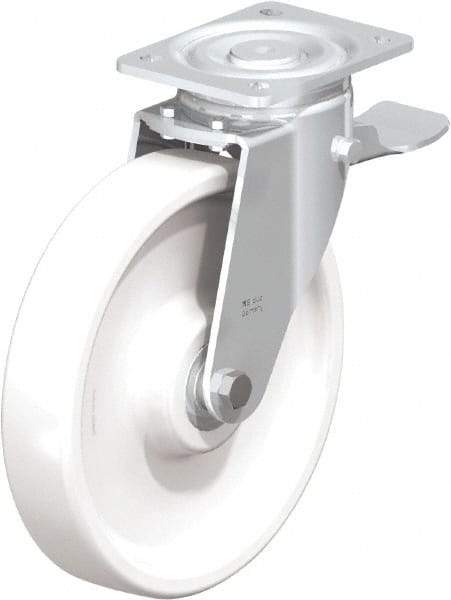 Blickle - 10" Diam x 1-31/32" Wide x 11-39/64" OAH Top Plate Mount Swivel Caster with Brake - Impact-Resistant Nylon, 1,980 Lb Capacity, Ball Bearing, 5-1/2 x 4-3/8" Plate - Exact Tool & Supply
