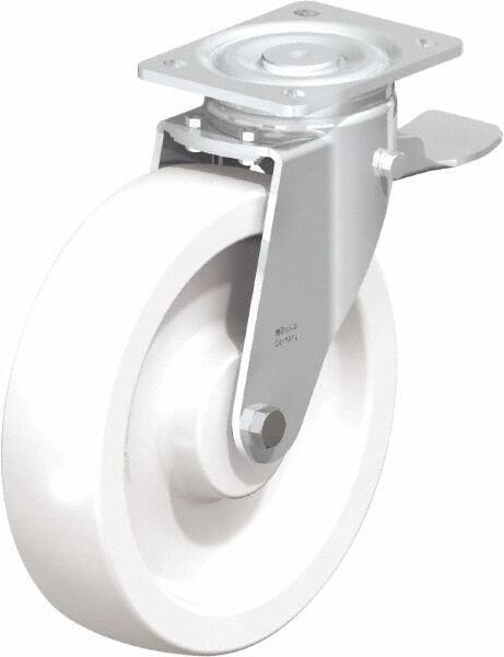 Blickle - 10" Diam x 2-9/16" Wide x 11-39/64" OAH Top Plate Mount Swivel Caster with Brake - Impact-Resistant Nylon, 1,980 Lb Capacity, Plain Bore Bearing, 5-1/2 x 4-3/8" Plate - Exact Tool & Supply