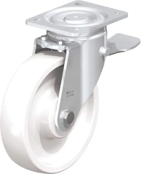 Blickle - 8" Diam x 1-31/32" Wide x 9-41/64" OAH Top Plate Mount Swivel Caster with Brake - Impact-Resistant Nylon, 1,980 Lb Capacity, Ball Bearing, 5-1/2 x 4-3/8" Plate - Exact Tool & Supply