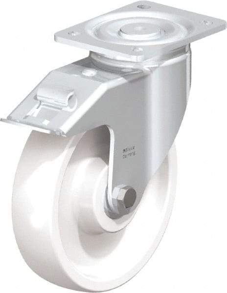 Blickle - 8" Diam x 1-31/32" Wide x 9-41/64" OAH Top Plate Mount Swivel Caster with Brake - Impact-Resistant Nylon, 1,980 Lb Capacity, Ball Bearing, 5-1/2 x 4-3/8" Plate - Exact Tool & Supply