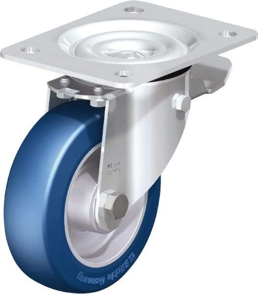 Blickle - 5" Diam x 1-37/64" Wide x 6-7/64" OAH Top Plate Mount Swivel Caster with Brake - Polyurethane-Elastomer Blickle Besthane, 770 Lb Capacity, Ball Bearing, 5-1/2 x 4-3/8" Plate - Exact Tool & Supply