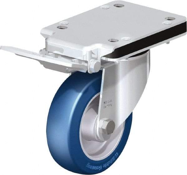 Blickle - 5" Diam x 1-37/64" Wide x 5-25/32" OAH Top Plate Mount Swivel Caster with Brake - Polyurethane-Elastomer Blickle Besthane, 770 Lb Capacity, Ball Bearing, 5-1/2 x 4-3/8" Plate - Exact Tool & Supply