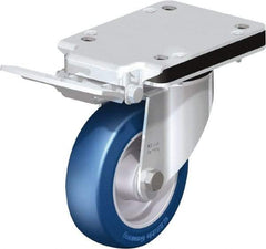 Blickle - 5" Diam x 1-37/64" Wide x 5-25/32" OAH Top Plate Mount Swivel Caster with Brake - Polyurethane-Elastomer Blickle Besthane, 770 Lb Capacity, Ball Bearing, 5-1/2 x 4-3/8" Plate - Exact Tool & Supply