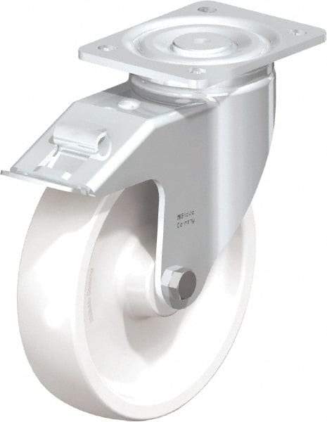 Blickle - 8" Diam x 1-31/32" Wide x 9-41/64" OAH Top Plate Mount Swivel Caster with Brake - Impact-Resistant Nylon, 1,980 Lb Capacity, Plain Bore Bearing, 5-1/2 x 4-3/8" Plate - Exact Tool & Supply