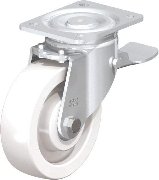 Blickle - 6-1/2" Diam x 1-31/32" Wide x 7-3/4" OAH Top Plate Mount Swivel Caster with Brake - Impact-Resistant Nylon, 1,870 Lb Capacity, Ball Bearing, 5-1/2 x 4-3/8" Plate - Exact Tool & Supply