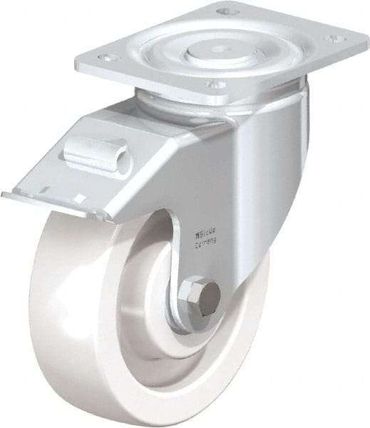 Blickle - 6-1/2" Diam x 1-31/32" Wide x 7-3/4" OAH Top Plate Mount Swivel Caster with Brake - Impact-Resistant Nylon, 1,870 Lb Capacity, Ball Bearing, 5-1/2 x 4-3/8" Plate - Exact Tool & Supply