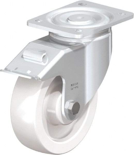 Blickle - 6-1/2" Diam x 1-31/32" Wide x 7-3/4" OAH Top Plate Mount Swivel Caster with Brake - Impact-Resistant Nylon, 1,870 Lb Capacity, Plain Bore Bearing, 5-1/2 x 4-3/8" Plate - Exact Tool & Supply