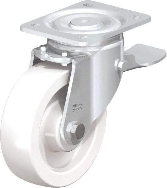 Blickle - 6-1/2" Diam x 1-31/32" Wide x 7-3/4" OAH Top Plate Mount Swivel Caster with Brake - Impact-Resistant Nylon, 1,870 Lb Capacity, Plain Bore Bearing, 5-1/2 x 4-3/8" Plate - Exact Tool & Supply