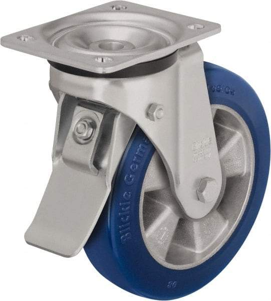 Blickle - 5" Diam x 2-1/8" Wide x 6-11/16" OAH Top Plate Mount Swivel Caster with Brake - Polyurethane-Elastomer Blickle Besthane, 990 Lb Capacity, Ball Bearing, 5-1/2 x 4-3/8" Plate - Exact Tool & Supply