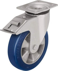 Blickle - 5" Diam x 2-1/8" Wide x 6-11/16" OAH Top Plate Mount Swivel Caster with Brake - Polyurethane-Elastomer Blickle Besthane, 990 Lb Capacity, Ball Bearing, 5-1/2 x 4-3/8" Plate - Exact Tool & Supply