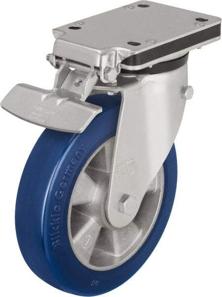 Blickle - 8" Diam x 1-31/32" Wide x 10-5/16" OAH Top Plate Mount Swivel Caster with Brake - Polyurethane-Elastomer Blickle Besthane, 1,320 Lb Capacity, Ball Bearing, 5-1/2 x 4-3/8" Plate - Exact Tool & Supply