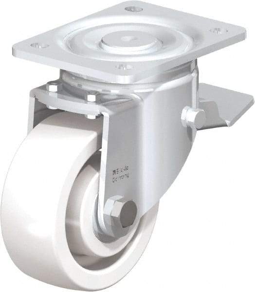 Blickle - 5" Diam x 1-31/32" Wide x 6-11/16" OAH Top Plate Mount Swivel Caster with Brake - Impact-Resistant Nylon, 1,650 Lb Capacity, Ball Bearing, 5-1/2 x 4-3/8" Plate - Exact Tool & Supply