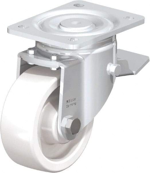 Blickle - 5" Diam x 1-31/32" Wide x 6-11/16" OAH Top Plate Mount Swivel Caster with Brake - Impact-Resistant Nylon, 1,650 Lb Capacity, Plain Bore Bearing, 5-1/2 x 4-3/8" Plate - Exact Tool & Supply