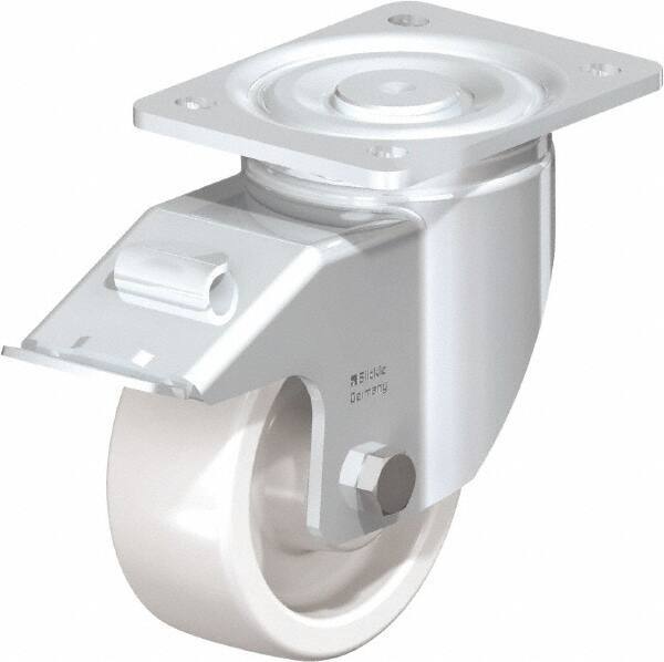 Blickle - 5" Diam x 1-31/32" Wide x 6-11/16" OAH Top Plate Mount Swivel Caster with Brake - Impact-Resistant Nylon, 1,650 Lb Capacity, Plain Bore Bearing, 5-1/2 x 4-3/8" Plate - Exact Tool & Supply