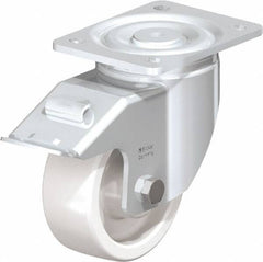 Blickle - 5" Diam x 1-31/32" Wide x 6-11/16" OAH Top Plate Mount Swivel Caster with Brake - Impact-Resistant Nylon, 1,650 Lb Capacity, Plain Bore Bearing, 5-1/2 x 4-3/8" Plate - Exact Tool & Supply