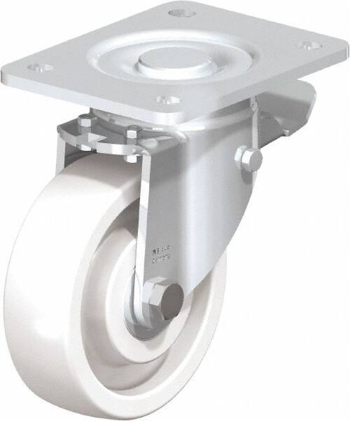 Blickle - 5" Diam x 1-29/64" Wide x 6-1/2" OAH Top Plate Mount Swivel Caster with Brake - Impact-Resistant Nylon, 1,540 Lb Capacity, Ball Bearing, 5-1/2 x 4-3/8" Plate - Exact Tool & Supply