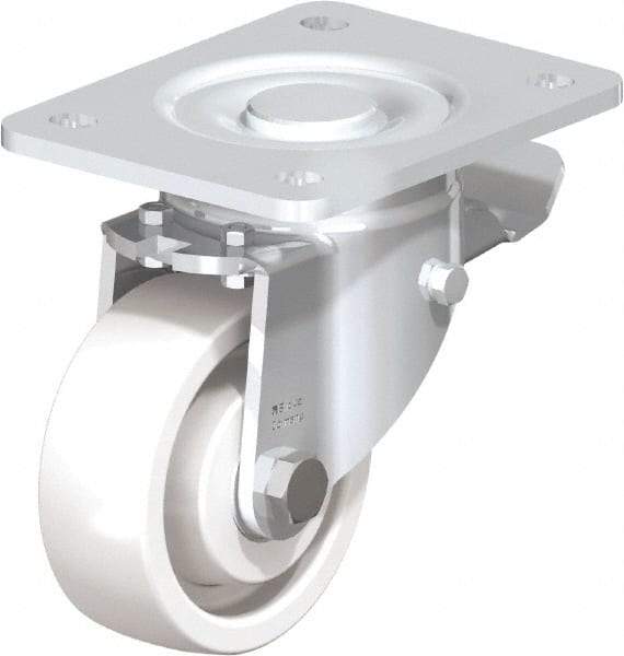 Blickle - 4" Diam x 1-29/64" Wide x 6-1/2" OAH Top Plate Mount Swivel Caster with Brake - Impact-Resistant Nylon, 1,100 Lb Capacity, Ball Bearing, 5-1/2 x 4-3/8" Plate - Exact Tool & Supply