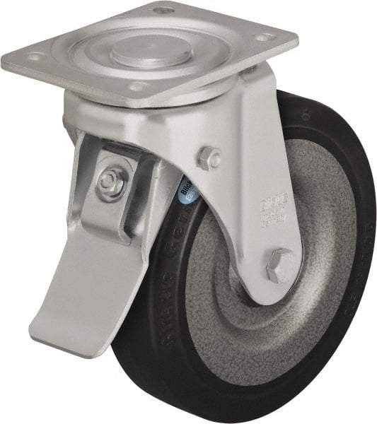 Blickle - 6-1/2" Diam x 1-31/32" Wide x 7-61/64" OAH Top Plate Mount Swivel Caster with Brake - Solid Rubber, 990 Lb Capacity, Ball Bearing, 5-1/2 x 4-3/8" Plate - Exact Tool & Supply