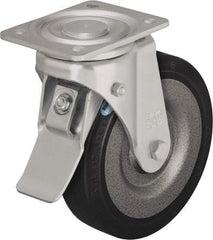 Blickle - 8" Diam x 1-31/32" Wide x 9-41/64" OAH Top Plate Mount Swivel Caster with Brake - Solid Rubber, 1,320 Lb Capacity, Ball Bearing, 5-1/2 x 4-3/8" Plate - Exact Tool & Supply