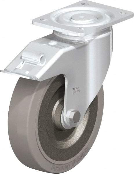 Blickle - 8" Diam x 1-31/32" Wide x 9-41/64" OAH Top Plate Mount Swivel Caster with Brake - Solid Rubber, 1,320 Lb Capacity, Ball Bearing, 5-1/2 x 4-3/8" Plate - Exact Tool & Supply