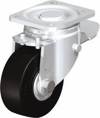 Blickle - 4" Diam x 1-49/64" Wide x 5-33/64" OAH Top Plate Mount Swivel Caster with Brake - Solid Rubber, 594 Lb Capacity, Ball Bearing, 3-15/16 x 3-3/8" Plate - Exact Tool & Supply