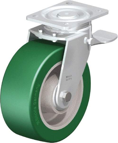 Blickle - 8" Diam x 3-9/64" Wide x 9-41/64" OAH Top Plate Mount Swivel Caster with Brake - Polyurethane-Elastomer Blickle Softhane, 1,760 Lb Capacity, Ball Bearing, 5-1/2 x 4-3/8" Plate - Exact Tool & Supply