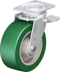 Blickle - 8" Diam x 3-9/64" Wide x 9-41/64" OAH Top Plate Mount Swivel Caster with Brake - Polyurethane-Elastomer Blickle Softhane, 1,760 Lb Capacity, Ball Bearing, 5-1/2 x 4-3/8" Plate - Exact Tool & Supply