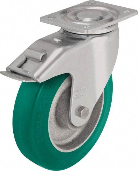 Blickle - 8" Diam x 1-31/32" Wide x 9-41/64" OAH Top Plate Mount Swivel Caster with Brake - Polyurethane-Elastomer Blickle Softhane, 1,760 Lb Capacity, Ball Bearing, 5-1/2 x 4-3/8" Plate - Exact Tool & Supply