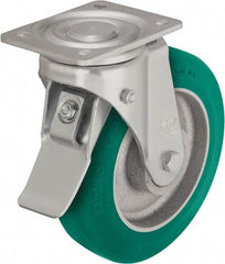 Blickle - 10" Diam x 2-23/64" Wide x 11-39/64" OAH Top Plate Mount Swivel Caster with Brake - Polyurethane-Elastomer Blickle Softhane, 1,980 Lb Capacity, Ball Bearing, 5-1/2 x 4-3/8" Plate - Exact Tool & Supply