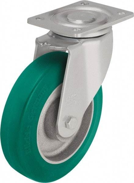 Blickle - 6" Diam x 1-31/32" Wide x 7-3/4" OAH Top Plate Mount Swivel Caster - Polyurethane-Elastomer Blickle Softhane, 1,210 Lb Capacity, Ball Bearing, 5-1/2 x 4-3/8" Plate - Exact Tool & Supply
