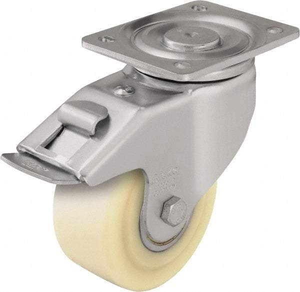 Blickle - 4" Diam x 1-37/64" Wide x 5-33/64" OAH Top Plate Mount Swivel Caster with Brake - Impact-Resistant Cast Nylon, 1,540 Lb Capacity, Ball Bearing, 5-1/2 x 4-3/8" Plate - Exact Tool & Supply
