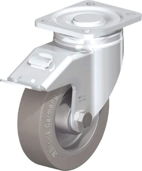 Blickle - 5" Diam x 1-9/16" Wide x 6-1/2" OAH Top Plate Mount Swivel Caster with Brake - Solid Rubber, 550 Lb Capacity, Ball Bearing, 3-15/16 x 3-3/8" Plate - Exact Tool & Supply