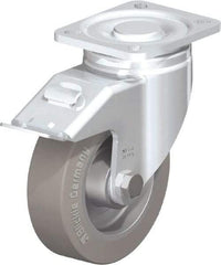 Blickle - 5" Diam x 1-9/16" Wide x 6-1/2" OAH Top Plate Mount Swivel Caster with Brake - Solid Rubber, 550 Lb Capacity, Ball Bearing, 3-15/16 x 3-3/8" Plate - Exact Tool & Supply