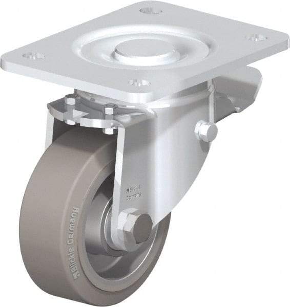 Blickle - 4" Diam x 1-9/16" Wide x 5-33/64" OAH Top Plate Mount Swivel Caster with Brake - Solid Rubber, 440 Lb Capacity, Ball Bearing, 5-1/2 x 4-3/8" Plate - Exact Tool & Supply