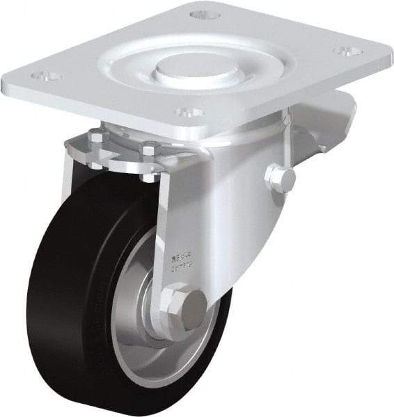 Blickle - 4" Diam x 1-9/16" Wide x 5-33/64" OAH Top Plate Mount Swivel Caster with Brake - Solid Rubber, 440 Lb Capacity, Ball Bearing, 5-1/2 x 4-3/8" Plate - Exact Tool & Supply