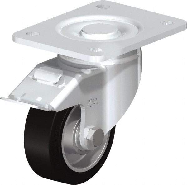 Blickle - 4" Diam x 1-9/16" Wide x 5-33/64" OAH Top Plate Mount Swivel Caster with Brake - Solid Rubber, 440 Lb Capacity, Ball Bearing, 5-1/2 x 4-3/8" Plate - Exact Tool & Supply