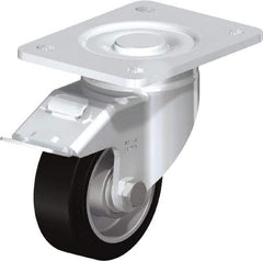 Blickle - 4" Diam x 1-9/16" Wide x 5-33/64" OAH Top Plate Mount Swivel Caster with Brake - Solid Rubber, 440 Lb Capacity, Ball Bearing, 5-1/2 x 4-3/8" Plate - Exact Tool & Supply